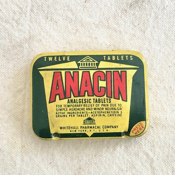 Anacin Aspirin Tablet Tin - Vintage Aspirin Tin - Bathroom Decor - Display - Collectible Tin - Medical Display - Apothecary Collectible