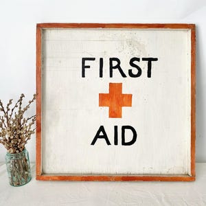 Vintage First Aid Sign - Large Wood Painted First Aid Sign - Lifeguard Beach Station Sign