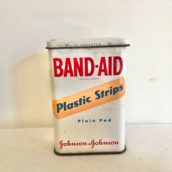 Band-Aid Brand Tin - Vintage Band Aid Plastic Strips Plain Pad Metal Box - Johnson & Johnson - First Aid Collectible //LNc