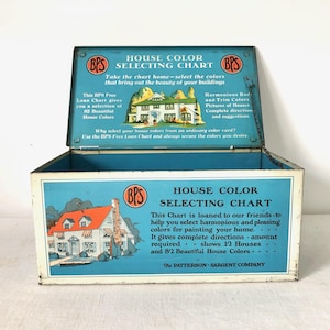 May include: A vintage tin box with a blue lid and a white base. The lid features the text "HOUSE COLOR SELECTING CHART" and a logo with the letters "BPS". The box is open and the inside shows a similar design with the text "This Chart is loaned to our friends - to help you select harmonious and pleasing colors for painting your home. It gives complete directions - amount required - shows 12 Houses - and 82 Beautiful House Colors." The text "The PATTERSON-SARGENT COMPANY" is at the bottom of the box.