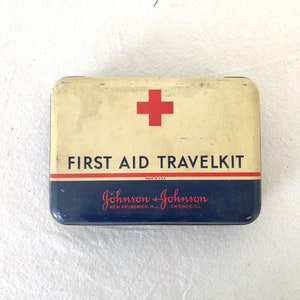 Vintage Johnson and Johnson First Aid Travelkit Tin with Contents - Small First Aid Travel Kit - Medical Prop