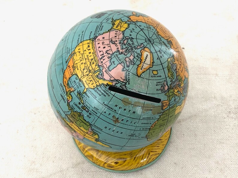 World Globe Collectible - Toy Bank Chein World Globe Tin Bank J Chein Vintage Cast Off Toy Tin Bank