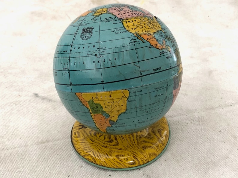 World Globe Collectible - Toy Bank Chein World Globe Tin Bank J Chein Vintage Cast Off Toy Tin Bank