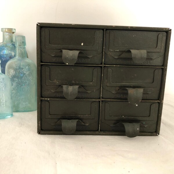 Pressed Metal 6 Drawer Small Storage Cabinet - Vintage Addressellott Table Top Industrial Storage Bin with Drawers - Repurpose Card Holder