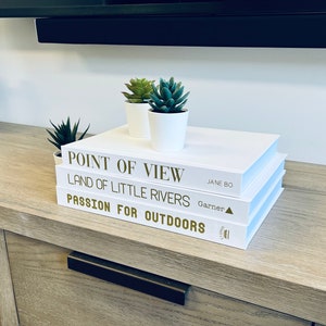 May include: Three white books stacked on a wooden surface. The top book is titled "Point of View" by Jane Bo. The middle book is titled "Land of Little Rivers" by Garner. The bottom book is titled "Passion for Outdoors". There are two small green succulent plants in white pots on top of the books.