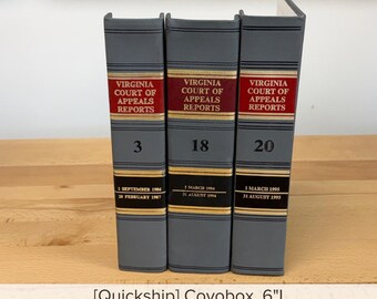 May include: Three gray book-shaped storage boxes labeled Virginia Court of Appeals Reports with volume numbers 3, 18, and 20. Each spine features red and black horizontal bands with gold lettering and date ranges. The boxes are 6 inches long.