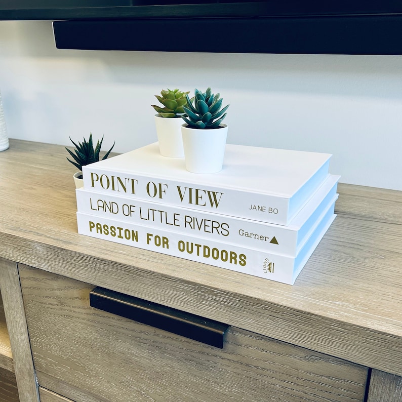 May include: Three white books stacked on a wooden surface. The top book is titled "Point of View" by Jane Bo. The middle book is titled "Land of Little Rivers" by Garner. The bottom book is titled "Passion for Outdoors". There are two small green succulent plants in white pots on top of the books.