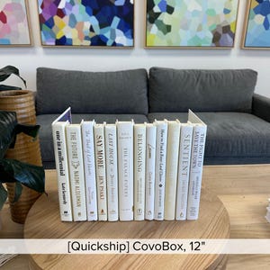 Puede incluir: Una caja decorativa hecha de libros blancos, dispuestos en fila. Los libros tienen títulos como "The Future" y "Belonging". La caja está sobre una mesa de madera, con un sofá gris al fondo. El texto "CovoBox, 12" está en la parte inferior, unos 30 cm.