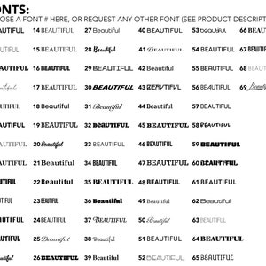 May include: A chart of 65 different font styles, numbered 1 through 65, with the word "BEAUTIFUL" written in each font style.