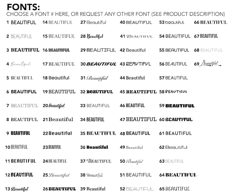 May include: A chart of 65 different font styles, numbered 1 through 65, with the word "BEAUTIFUL" written in each font style.