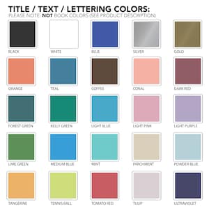 May include: A chart of 20 different color swatches with the names of each color listed below. The colors include black, white, blue, silver, gold, orange, teal, coffee, coral, dark red, forest green, kelly green, light blue, light pink, light purple, lime green, medium blue, mint, parchment, powder blue, tangerine, tennis ball, tomato red, tulip, and ultraviolet.