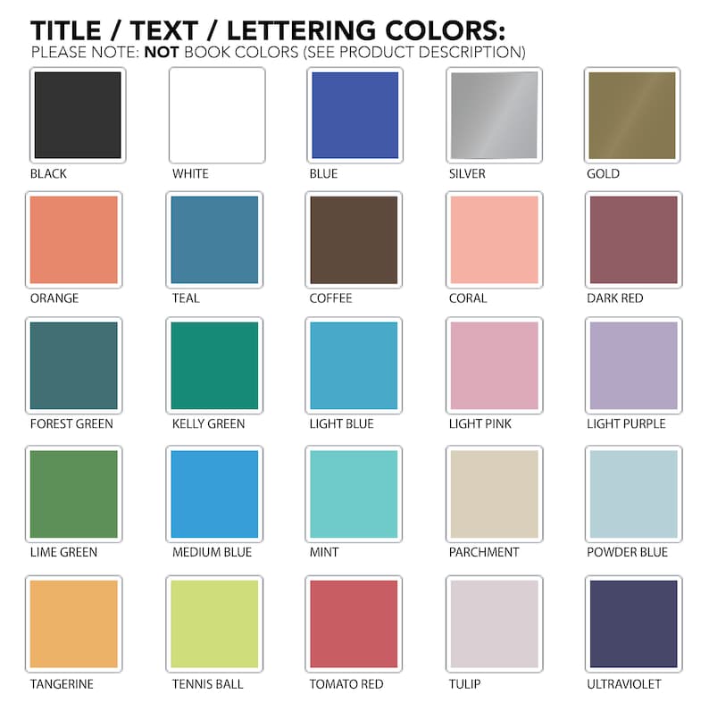 May include: A chart of 20 different color swatches with the names of each color listed below. The colors include black, white, blue, silver, gold, orange, teal, coffee, coral, dark red, forest green, kelly green, light blue, light pink, light purple, lime green, medium blue, mint, parchment, powder blue, tangerine, tennis ball, tomato red, tulip, and ultraviolet.