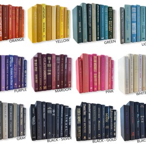 May include: A collection of decorative books stacked in rows, showcasing a variety of colors, including red, orange, yellow, green, light blue, blue, dark blue, purple, maroon, pink, white, tan, brown, gray, black, silver, gold, and multicolor.