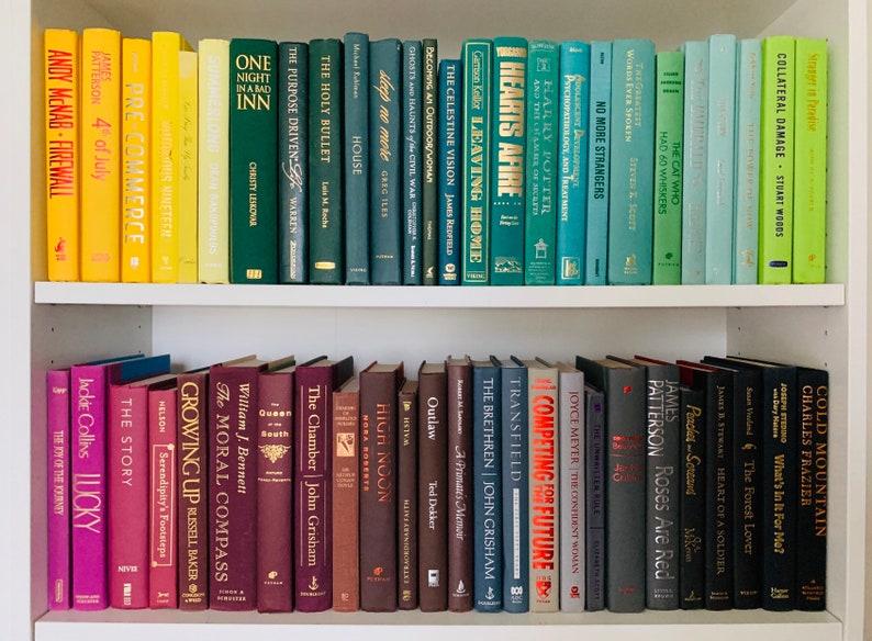 May include: A bookshelf with two rows of books. The top row has books with green, blue, and yellow spines. The bottom row has books with red, brown, and black spines. The titles of some of the books are visible, including "The Moral Compass", "The Chamber", "Competing for the Future", and "Roses Are Red".