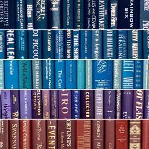 May include: A bookshelf filled with a variety of books, all with different colored spines. The books are arranged in rows, with the spines facing out. The books are all different sizes and shapes, and they have a variety of titles and authors. The books are all in English.