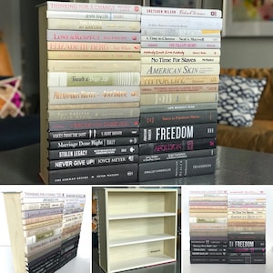 May include: A bookshelf with three shelves, filled with a collection of books stacked vertically. The books are mostly black and white with a few beige books. The titles of the books are visible, including "Thinking for a Change", "Love & Respect", "Freedom", and "American Skin".