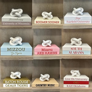 May include: A collection of decorative book stacks with a white knot sculpture on top. Each stack is a different color and features text such as "Luxembourg", "Mizzou", and "Baton Rouge". The books are arranged on wooden shelves.