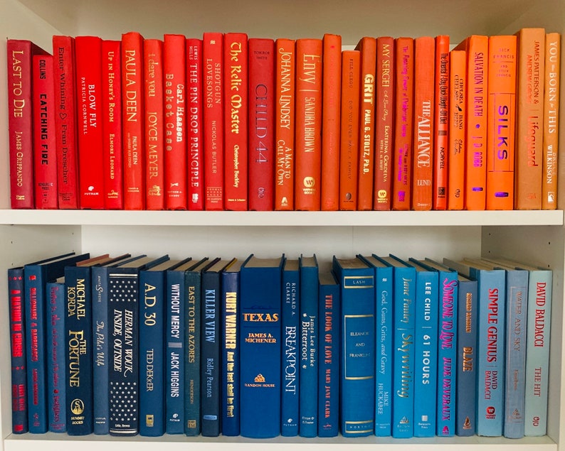 May include: A bookshelf with two shelves, the top shelf is filled with red books and the bottom shelf is filled with blue books. The books are arranged in a rainbow pattern. The books have titles such as "Last to Die", "Catching Fire", "The Relic Master", "Child 44", "Grit", "The Alliance", "Silks", "The Hit", "Simple Genius", "Breakpoint", "Texas", "Killer View", "East to the Azores", "Without Mercy", "A.D. 30", "Inside, Outside", "Michael Fortune", "The Look of Love", "Sky Willing", "61 Hours", "Someone to Love", "Blaze", and "Simple Genius".