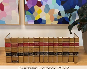 May include: A set of fourteen tan and red Virginia Reports law books arranged in a row. Each spine features gold lettering, volume numbers, and date ranges. The set is labeled as a Covobox measuring 25.25 inches in width on the wooden surface.