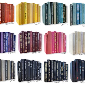 Puede incluir: Una colección de libros decorativos apilados en filas, mostrando una variedad de colores, incluyendo rojo, naranja, amarillo, verde, azul claro, azul, azul oscuro, morado, marrón, rosa, blanco, marrón claro, marrón, gris, negro, plata, oro y multicolor.