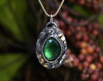 Emerald Green Quartz Sterling Silver Pendant 14K Gold Elements Necklace Handmade