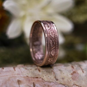 Handmade Canada One Cent Antique Coin Ring Copper Floral Band - Any Size!