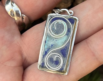 Blue Swirl Rectangle Enamel 925 Sterling Silver Pendant Handmade