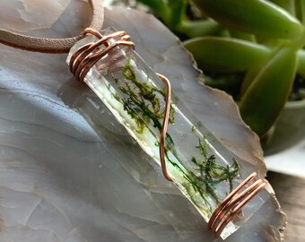 Earthy Clear Resin Green Moss Pendant Necklace Leather Chord Boho Hippie