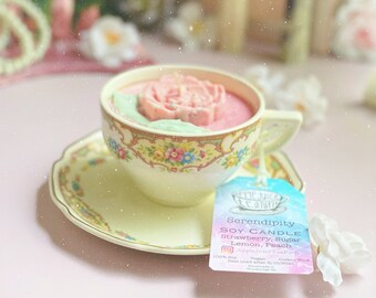 Strawberry Sugar Lemon Peach Soy Candle in Vintage Teacup: "Serendipity”  Floral CottageCore Kpop Spell Candle