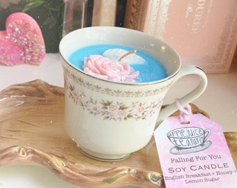 English Breakfast Honey Lemon Sugar Soy Candle in Vintage Teacup: "Falling for You”  CottageCore  Decor
