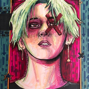 May include: A portrait illustration of a person with green hair, a red cross over their eye, and a gold earring with a star charm. The background is a pink and red pattern.