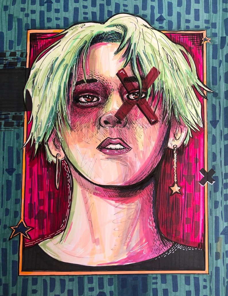 May include: A portrait illustration of a person with green hair, a red cross over their eye, and a gold earring with a star charm. The background is a pink and red pattern.