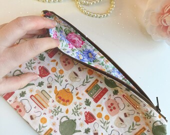 Cottage Core Tea Party Zipper Bag: 9 Inch Lined Zipper Travel Makeup Pencil Bag