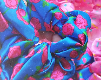 Satin Scrunchie: Blue with red/pink Anime Flowers