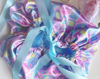 Satin Bonnet: Pastel Gamer with Baby Blue Lining, 1in Satin Ribbon and Elastic