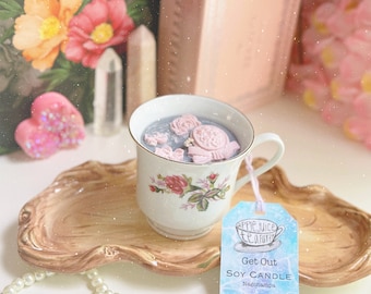 Nagchampa Soy Candle in Vintage Teacup: “Get Out” CottageCore Decor