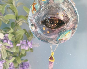 Ceramic Eye Ornament; 3 inch, Gold Luster and Mother of Pearl Watcher Mermaid Trinket Amethyst