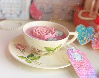 Crackling Birch & Fresh Cut Rose Soy Candle in Vintage Teacup: "Rover” CottageCore Decor