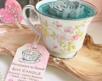Kumquat Cherry Blossom Peach Lily Citrus Jasmine Candle in Vintage Teacup: "Permission to Dance”  Cottage Core Teacup Soy Candle