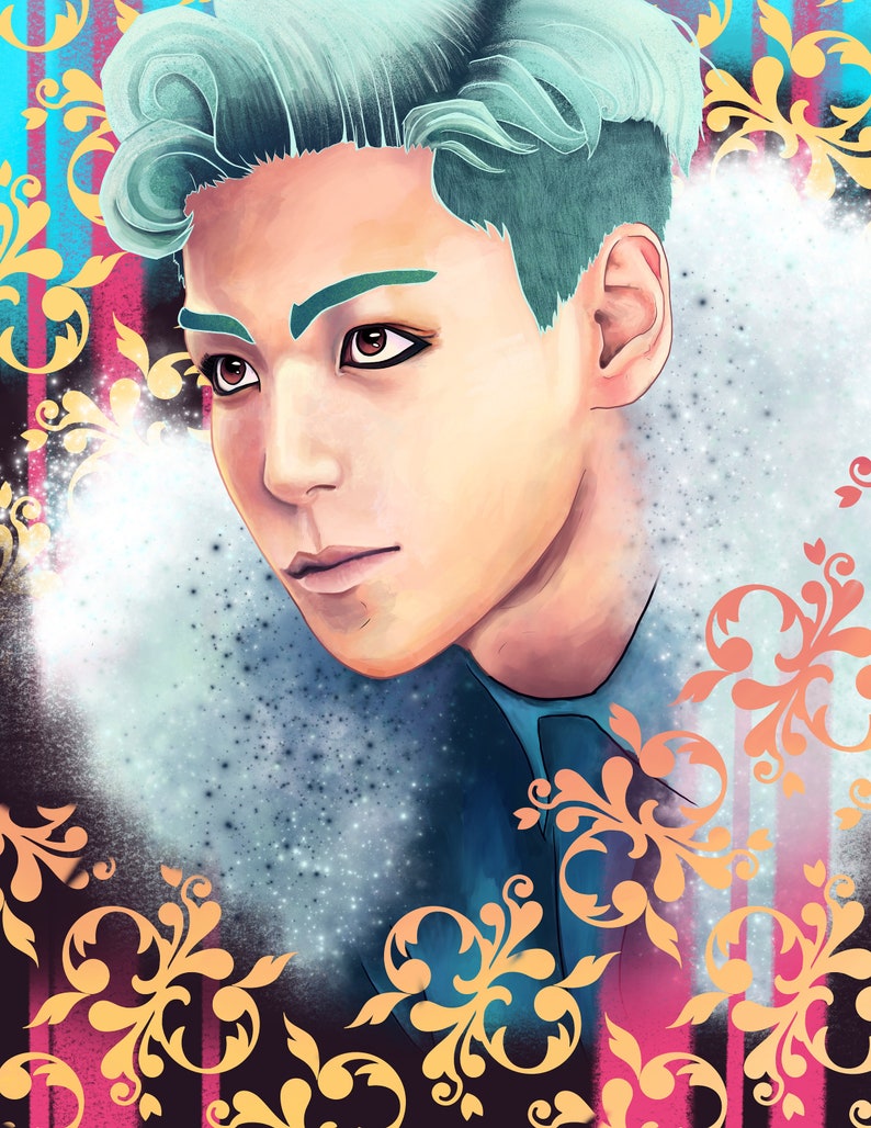 May include: A portrait of a person with teal blue hair. The person is looking to the side and has a serious expression. The background is a blurry image of a colorful pattern.