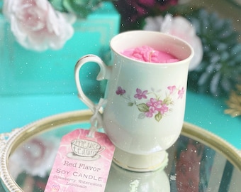 Strawberry Watermelon Lemonade Soy Candle in Vintage Teacup: "Red Flavor”  Floral CottageCore Kpop Spell Candle