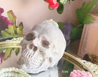 Nagchampa Leather Rose Soy Skull Candle: “Wonderland” CottageCore Decor Goth Room Shelf Aesthetic fanart
