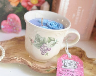 Tonka Tobaco Soy Candle in Vintage Teacup: "No Makeup”  CottageCore Decor