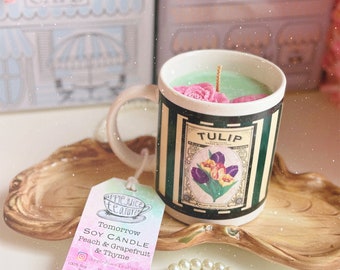 Peach Grapefruit Thyme Soy Candle in Vintage Teacup: "Tomorrow” CottageCore Decor