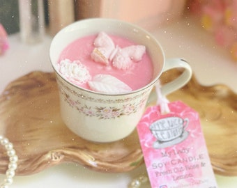 Rose Lemon Soy Candle in Vintage Teacup: “My Lady” CottageCore Decor