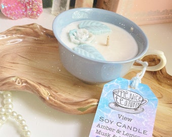 Amber Lemon Musk Bergamot Soy Candle in Vintage Teacup: "View”  Fruity Floral CottageCore