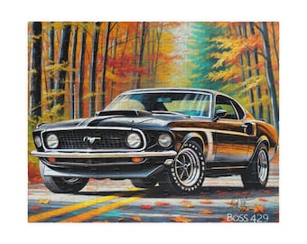 1969 Ford Mustang Boss 429, rompecabezas de Muscle Car, hojas de otoño, arte de autos antiguos, regalo del Día del Padre, automóvil