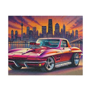 May include: A red and orange classic car with a powerful engine and chrome accents is parked in front of a city skyline at sunset. The car has a black interior and a black stripe down the side. The city skyline is in the background and is made up of tall buildings.
