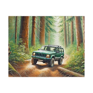 Bospadavontuur, sereen kunstwerk, groene jeep Cherokee XJ, oude bomen, zonlicht, schaduwen, thuis