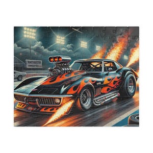 May include: A black and orange muscle car with flames painted on the side, speeding down a race track. The car has a large engine with three chrome exhaust pipes and is leaving a trail of fire.